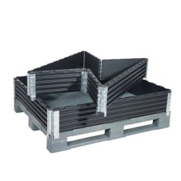 Stapelbar und flexibel Ein Aufsatzrahmen auf einer Palette und einer quer halb zusammengeklappt darüber